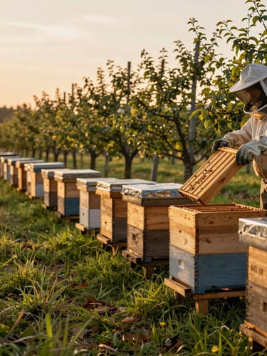 Panoramic environmental shot of wooden hive frames stacked at the edge of a Central European orchard at golden hour, beekeeper's gloved hands lifting a frame in the right third, long warm shadows across the grass, sky pale gold above tree line