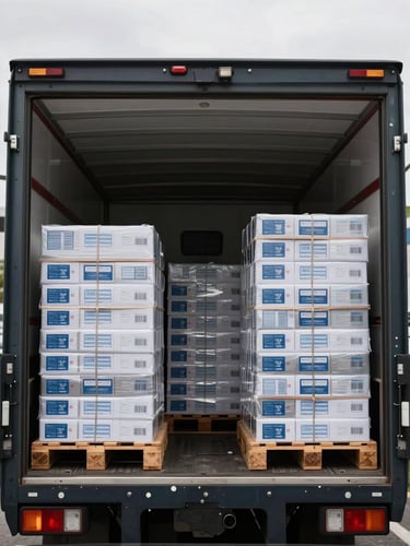 Wide interior shot of a delivery truck cargo bay loaded with stacked cases of paper products secured on pallets, overcast daylight streaming through the open rear door, organized loading pattern visible