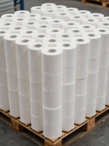 Angled overhead shot of bulk paper towel rolls stacked on wooden pallets inside a warehouse, overcast warehouse lighting, organized rows receding into the background, concrete floor visible at bottom edge