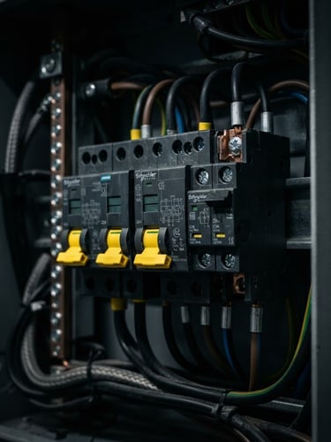 Industrial macro photography of a modern electrical panel, high-contrast low-key lighting, deep graphite casing with sharp yellow highlights on circuit breakers, 50mm lens