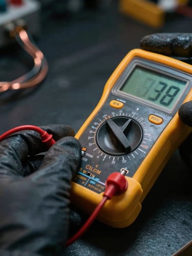 Macro shot of a professional technician's hands wearing protective gloves, holding a digital multimeter measuring voltage on copper wiring, dramatic low-key lighting, yellow highlights