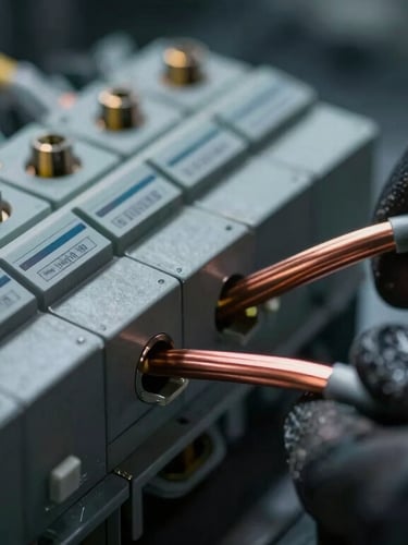 Macro shot of thick copper cables being connected to a modern fuse box, professional technician hands in protective gloves, sharp focus on metallic textures, dramatic lighting