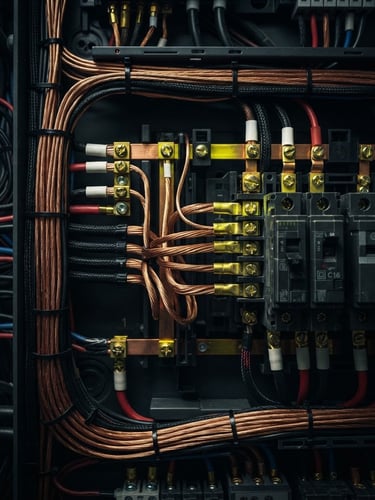 Macro photography of neatly organized copper wiring inside a modern fuse box, dramatic low-key lighting, sharp yellow highlights on metallic components