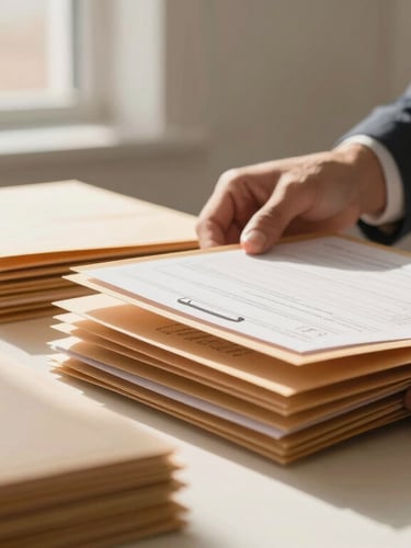 Close-up of professional hands organizing neat medical credentialing folders on a clean desk, warm Arizona sunlight, 35mm