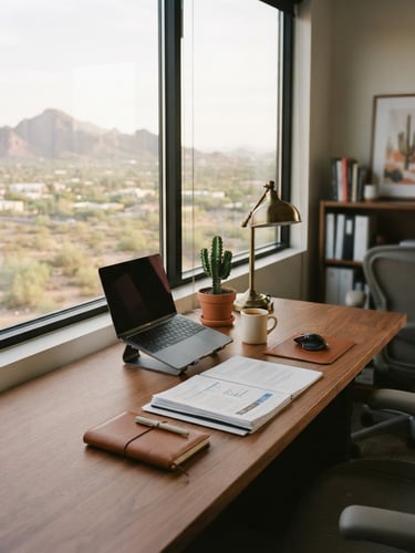 A warm, bright professional office in Phoenix with soft desert window light, a clean wooden desk with organized documents, 35mm photography