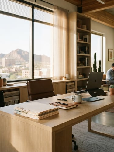 Bright modern professional office in Phoenix with warm desert light filtering through a window, clean desk with neat folders, 35mm photography