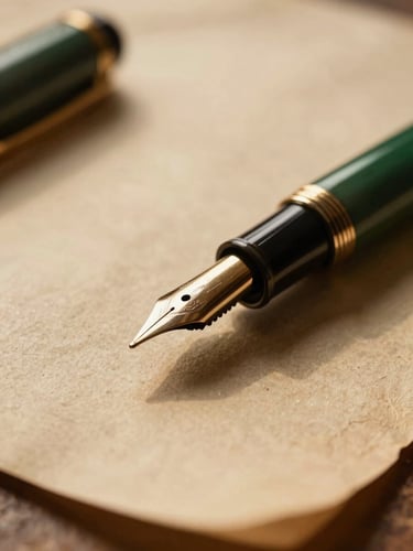 Macro detail of an antique fountain pen resting on heavy textured parchment paper, soft golden-hour light from a library window, warm sepia tones, shallow depth of field, 35mm
