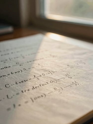 Close-up of handwritten mathematical proofs on heavy parchment paper, soft golden-hour window light, shallow depth of field, 35mm