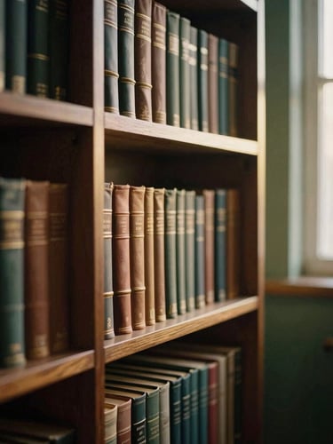 A quiet, atmospheric library alcove with soft golden-hour light illuminating leather-bound books on dark oak shelves, shallow depth of field.