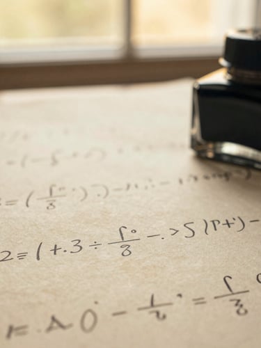 Macro photograph of handwritten mathematical proofs on heavy textured parchment paper, a vintage inkwell resting in the soft-focus background under warm golden-hour window light.