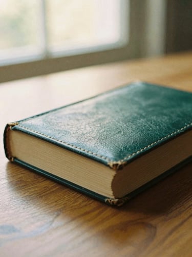 A close-up of a vintage leather-bound book resting on a heavy oak table, soft golden-hour window light illuminating the paper grain, shallow depth of field, 35mm