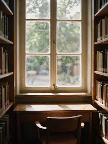 A quiet library alcove with sunlight streaming through a tall window, illuminating dust motes and a wooden desk, warm sepia tones, 35mm
