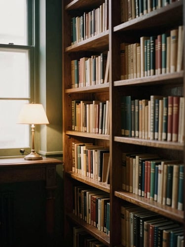 A quiet library alcove with towering wooden bookshelves, soft desk-lamp glow reflecting on dark timber, warm sepia tones, atmospheric 35mm photography
