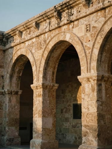 Soft-focus detail of weathered limestone arches in Jerusalem, warm ambient evening glow, shallow depth of field, 35mm editorial photography