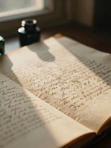 Close-up of a handwritten manuscript on heavy textured parchment, soft golden-hour light casting long shadows across ancient inkwells, 35mm photography