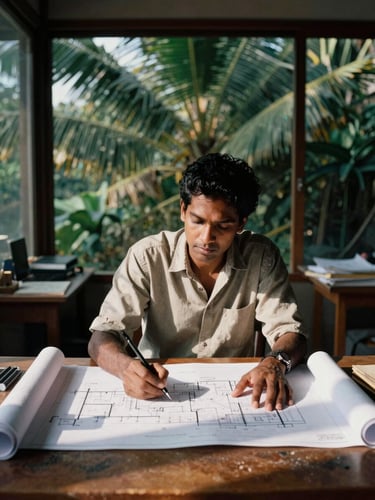 Portrait of a Sri Lankan architect sketching blueprints in a sunlit studio, natural light, deep shadows, tropical modernism, 35mm film aesthetic, off-center.