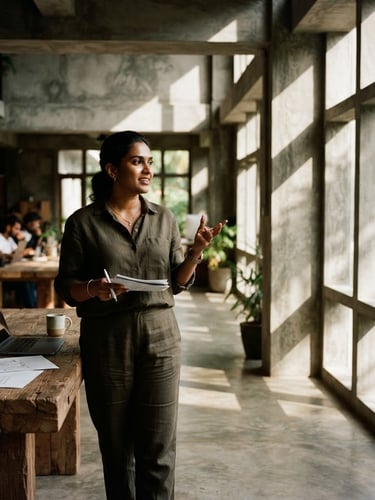 Wide portrait of a Sri Lankan founder in a minimalist, sunlit brutalist architectural workspace, natural light, deep shadows, 35mm film aesthetic, off-center composition.