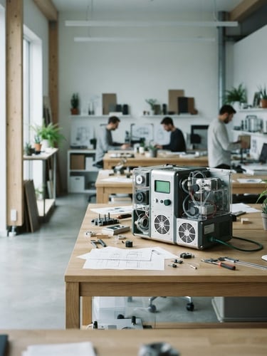 Wide shot of a clean, minimalist design studio with natural light, a detailed physical prototype of a climate-tech device on a workbench, sharp focus, desaturated tones with forest green accents.