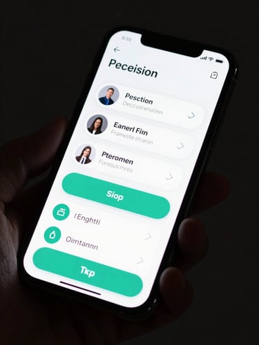 Precision angle shot of a mobile app interface on a smartphone, dark UI with teal interactive elements, held against a near-black studio background, sharp focus on screen detail