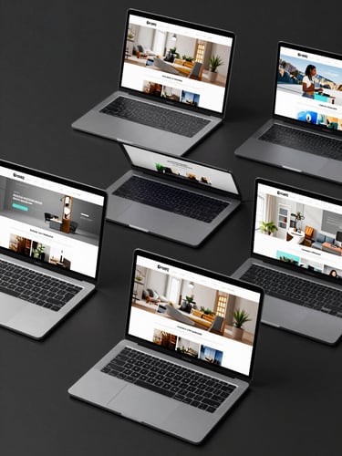 Flat-lay overhead view of multiple finished website designs displayed on laptop screens arranged on a dark matte surface, studio lighting, teal accent glow on screen bezels, minimal environment