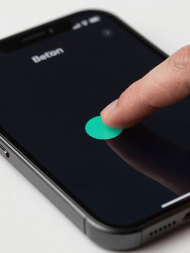Extreme close-up of a smartphone screen displaying a dark app UI, designer's fingertip hovering near a teal interactive element, studio lighting, precise and minimal, no background clutter