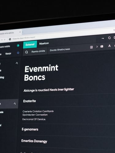 Close-up of a sleek dark-mode website interface on a monitor, precise sans-serif typography visible, teal accent detail in the navigation bar, studio-lit with even flat light, near-black background, sharp UI detail in foreground