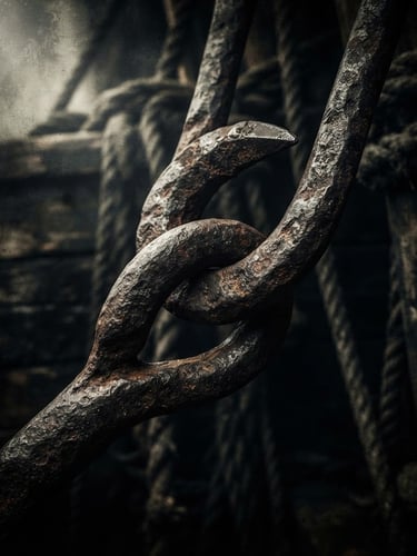 Tight macro shot of two interlocking rusty iron pirate hooks, high-contrast chiaroscuro lighting, deep charcoal and sepia tones, atmospheric digital painting