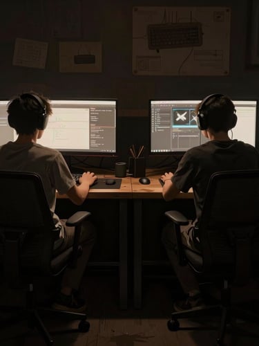 Gritty low-light workspace shot of two game developers working at wooden desks, single-source warm monitor glow, deep shadows, high-contrast chiaroscuro