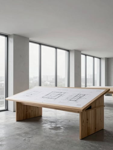 Wide architectural shot of a modern office interior, clean lines, minimalist design, a large drafting table with technical drawings, soft natural daylight from large windows, concrete floor, 35mm lens.