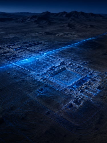 A blue holographic digital reconstruction of ancient ruins in a dark desert landscape using lidar technology.