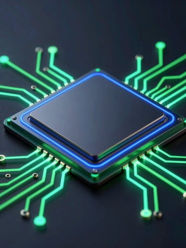 sleek 3d render, dark mode aesthetic, neon green accents, sharp studio lighting, macro shot of glowing circuit pathways on a mobile processor, representing optimized native performance