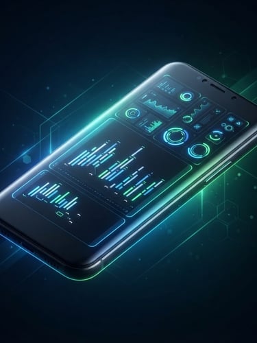 sleek 3d render, dark mode aesthetic, vibrant neon blue and green accents, sharp studio lighting, isometric perspective of a glowing mobile device frame showing clean code structures and high-fidelity UI elements, dark background
