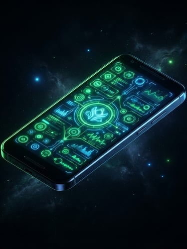 Sleek 3D render of an Android device floating in dark space, glowing neon green and electric blue UI elements on screen, sharp studio rim lighting, isometric perspective