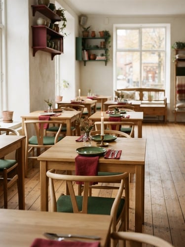 Warm Scandinavian-style restaurant interior, empty wooden tables with soft natural window light, deep crimson and forest green accents, matte finish, 35mm
