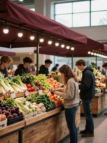 A bustling modern food market hall with wooden stalls, young people browsing organic produce, warm overhead string lights, editorial style.