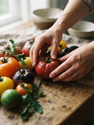 Editorial close-up of hands arranging fresh seasonal heirloom tomatoes on a rustic wooden table, soft Scandinavian window light, warm tones, matte finish, 35mm.