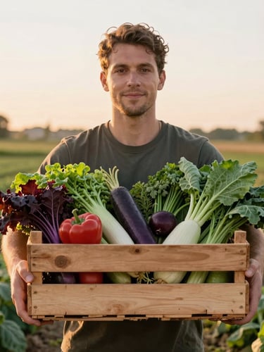 A boutique farmer holding a wooden crate overflowing with freshly harvested organic vegetables in a sunlit field, warm golden hour light, matte finish.