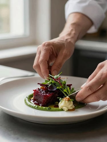 Close-up of a chef's hands carefully plating a seasonal dish in a warm Scandinavian-style kitchen, soft natural window light, matte finish.
