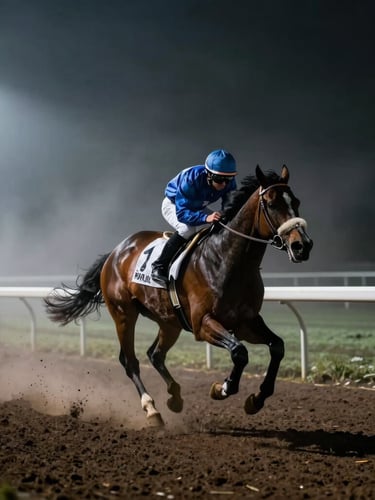 Dramatic sports photography of a racehorse in motion on a misty morning track, dark moody lighting, high contrast, cinematic spotlight