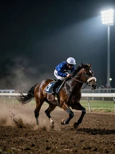 Dramatic sports photography, dark moody lighting, high contrast, a powerful racehorse in motion kicking up dirt on the track at night under bright stadium floodlights, cinematic mist, 35mm lens