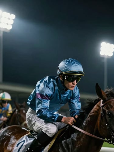 Dramatic close-up of a focused jockey looking ahead before a race, bright stadium floodlights in the background, dark night atmosphere