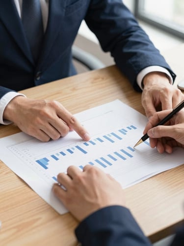 A close-up of professional hands collaborating over structured financial charts and physical documents on a light oak table, bright natural side-light, premium editorial