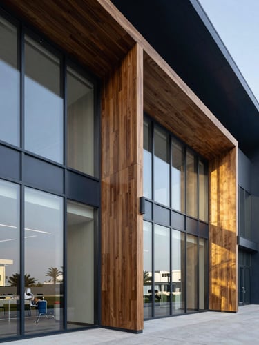 A sharp architectural crop of Florida Training's modern learning facility in Doha, bright natural window light reflecting on clean glass and dark wood panels, premium corporate editorial style.