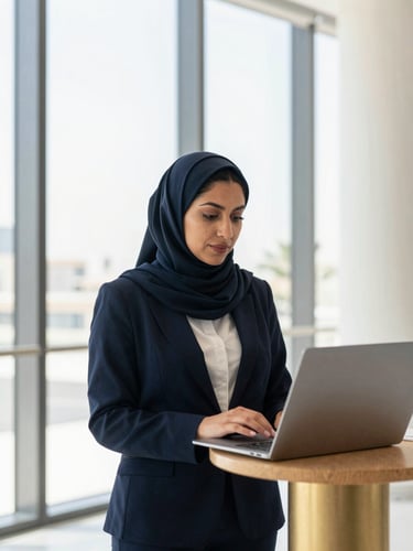 A bright, natural-light portrait of a focused professional collaborating in a modern Doha learning space, architectural clean background, premium editorial photography