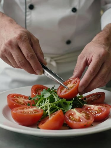 A chef carefully plating an heirloom tomato salad with tweezers, hands in sharp focus, soft moody kitchen lighting, close-up shot.