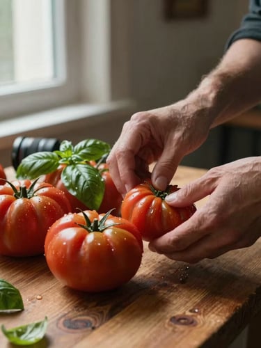 Close-up shot of hands styling fresh heirloom tomatoes and green basil on a rustic wooden market table, soft diffused natural light from a side window, moody shadows, professional camera lens visible at the edge.
