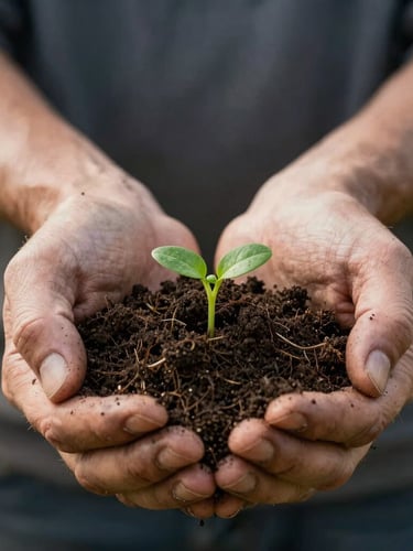 Close-up of farmer hands holding rich dark soil with small green sprouts, soft natural morning light, raw textures