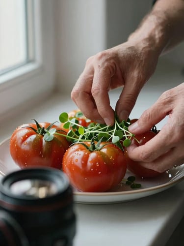 A close-up, Scandinavian-style shot of hands carefully styling a plate of heirloom tomatoes with microgreens under soft window light, camera lens visible in the soft-focus foreground