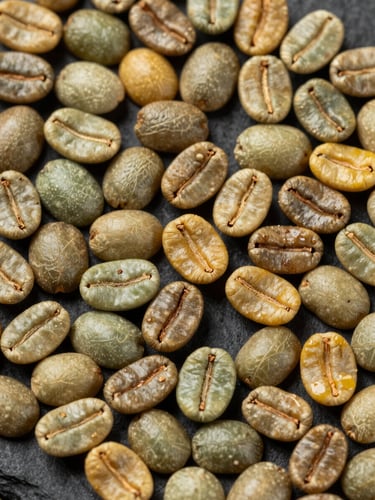 Extreme macro overhead flat-lay of raw green coffee beans at varying fermentation stages — some pale sage-green, others yellow-tinged from honey processing — arranged on a matte dark slate surface under controlled studio strobe lighting, sharp focus across the full frame revealing seed coat texture, color gradation, and moisture variation across individual beans, no garnish, no styling props