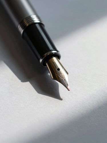Extreme close-up of a fountain pen resting on heavy bond paper with sharp architectural shadows, cool lighting